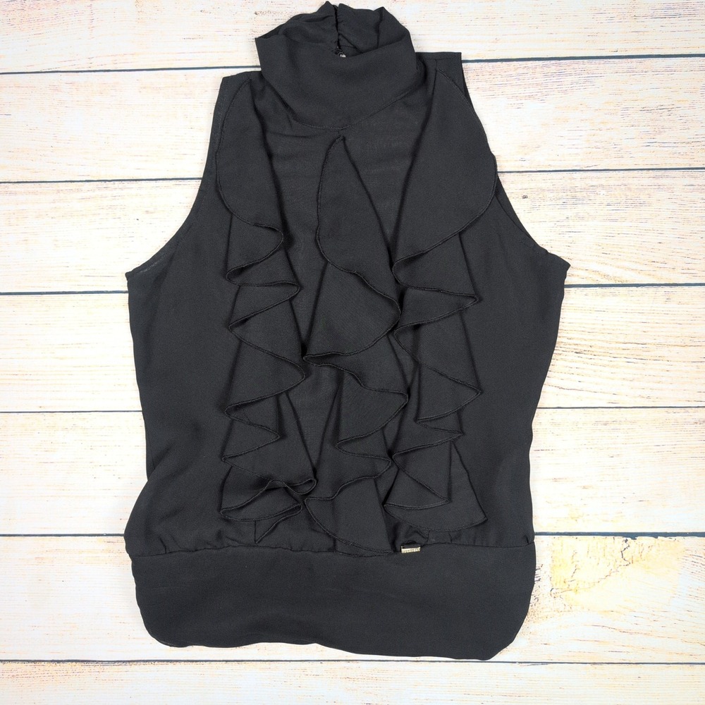 VTG y2k Rocawear Ruffle halter Mock Neck‎ Top Tie open Back Blouse Black M